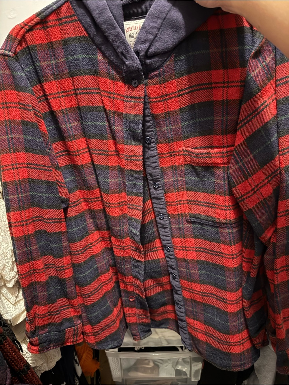 Woman’s American Eagle Outfitters Red and Navy Plaid Hooded Shirt Jacket